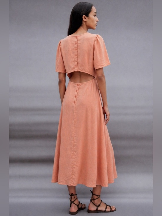 Zara Dresses & Skirts - Zara Linen Blend Cutout Midi Dress Peach Coral Puff Sleeve XS